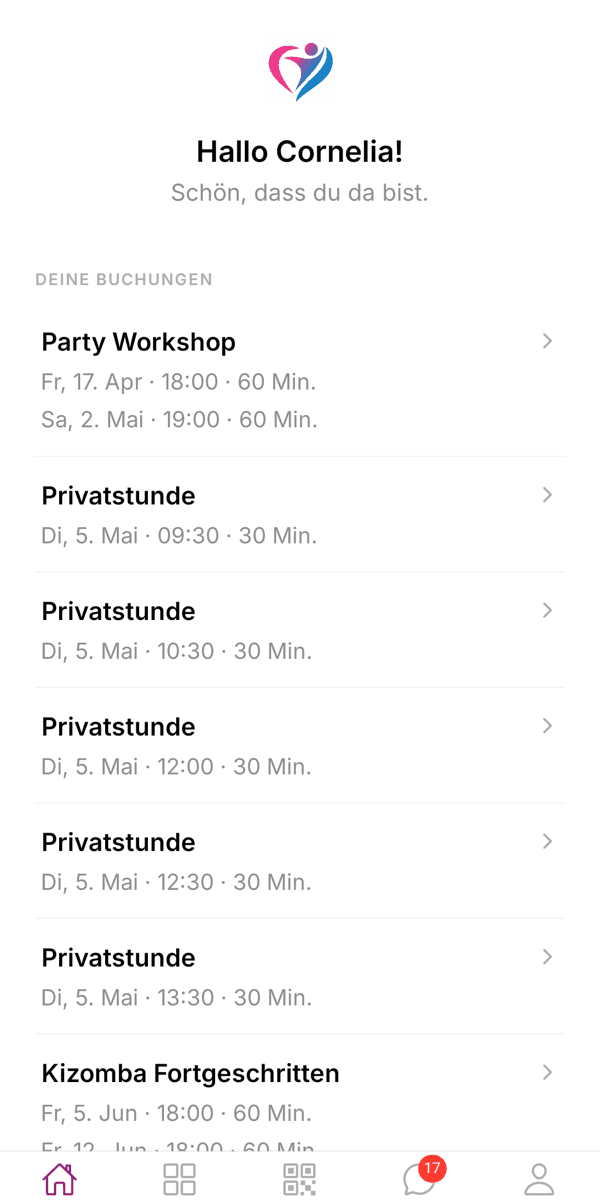 Startseite mit den nächsten Buchungen